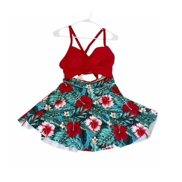 B2prity Women's Medium Red Blue Cutout One Piece Skirt V-Neck Wrap Back Swimsuit - Picture 4 of 6